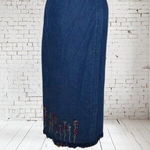 NWT Vintage Paul Harris Design PHD Embroidered Maxi Blue Jean Skirt NOS